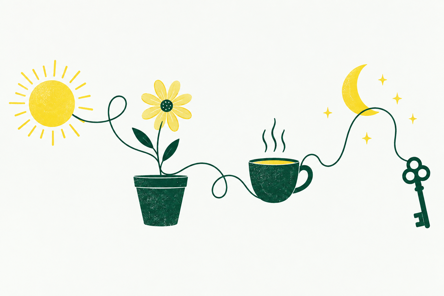 Editorial illustration of a sun, flower, cup, moon, and key joined by a winding green line.